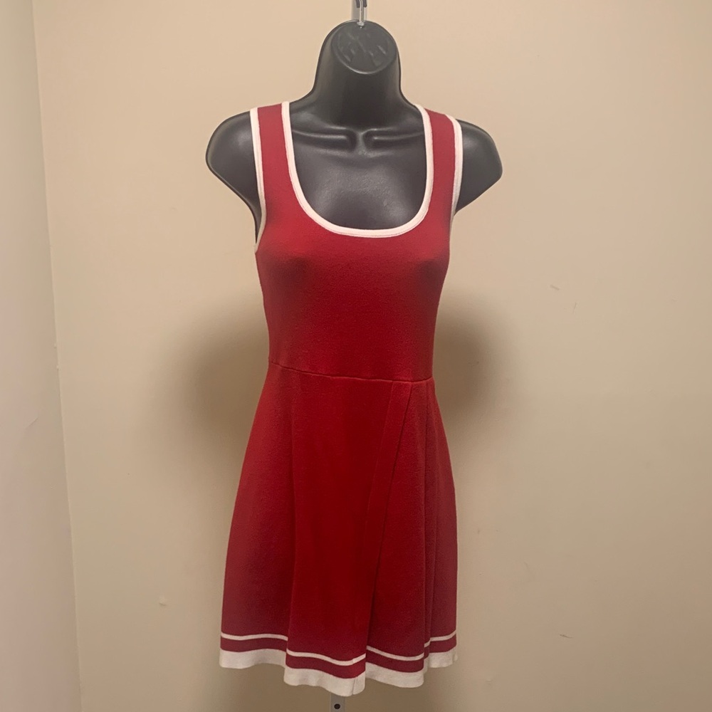 Red Sleeveless Knit Mini Dress with White Trim